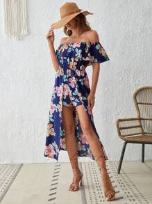 SHEIN VCAY Áo liền quần nữ Xù Hoa Tất cả trên in Boho - Màu xanh hải quân - Xem 4