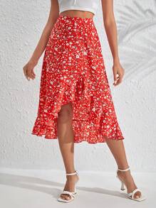 SHEIN VCAY Ditsy Floral Ruffle Hem Skirt - Red - View 1