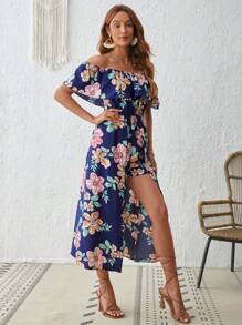 SHEIN VCAY Áo liền quần nữ Xù Hoa Tất cả trên in Boho - Màu xanh hải quân - Xem 6