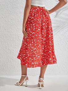 SHEIN VCAY Ditsy Floral Ruffle Hem Skirt - Red - View 2