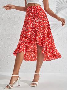 SHEIN VCAY Ditsy Floral Ruffle Hem Skirt - Red - View 3