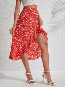 SHEIN VCAY Ditsy Floral Ruffle Hem Skirt - Red - View 4