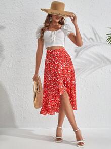 SHEIN VCAY Ditsy Floral Ruffle Hem Skirt - Red - View 6