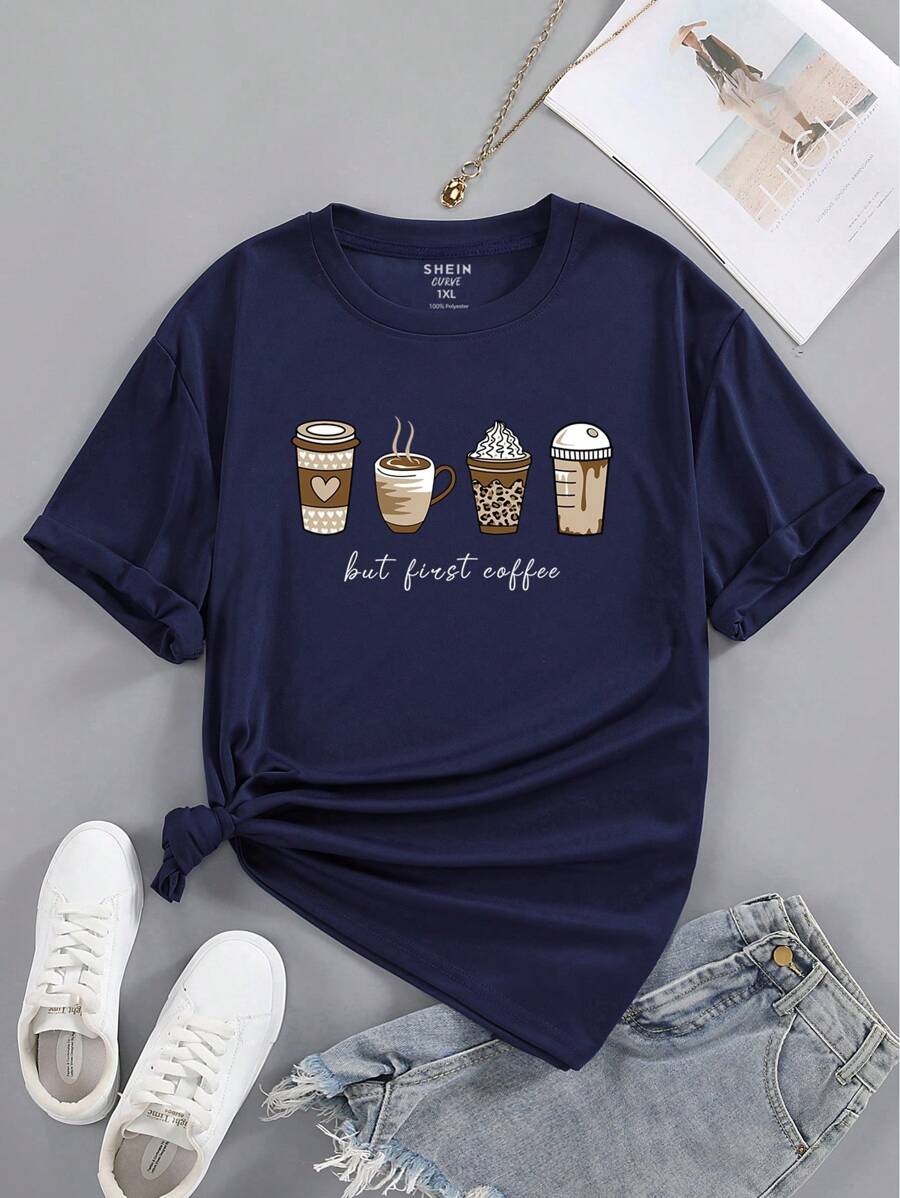 SHEIN LUNE Plus Coffee And Slogan Graphic Tee - Navy Blue - View 1