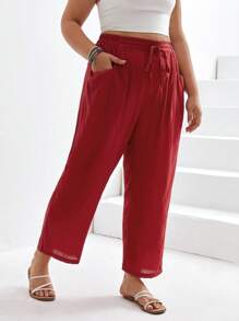 SHEIN Frenchy Plus Knot Waist Slant Pocket Trousers - Red - View 1