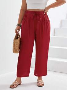 SHEIN Frenchy Plus Knot Waist Slant Pocket Trousers - Red - View 3