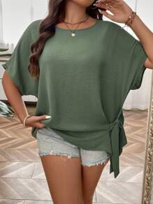 EMERY ROSE Plus Batwing Sleeve Knot Side Blouse - Army Green - View 1