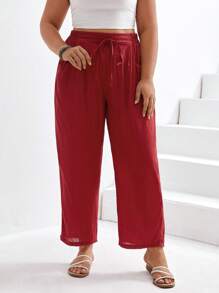 SHEIN Frenchy Plus Knot Waist Slant Pocket Trousers - Red - View 4