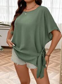 EMERY ROSE Plus Batwing Sleeve Knot Side Blouse - Army Green - View 4