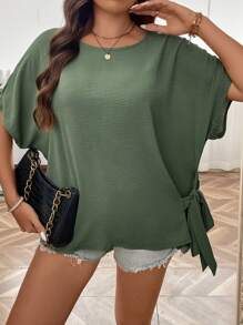 EMERY ROSE Plus Batwing Sleeve Knot Side Blouse - Army Green - View 5