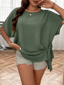 EMERY ROSE Plus Batwing Sleeve Knot Side Blouse - Army Green - View 6