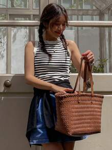 DAZY 條紋圖案針織上衣 - 黑與白 - 查看 6