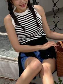 DAZY 條紋圖案針織上衣 - 黑與白 - 查看 7