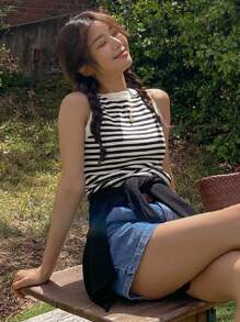 DAZY 條紋圖案針織上衣 - 黑與白 - 查看 9