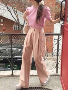 DAZY 素色斜口袋闊腿褲 - 粉色 - 查看 8