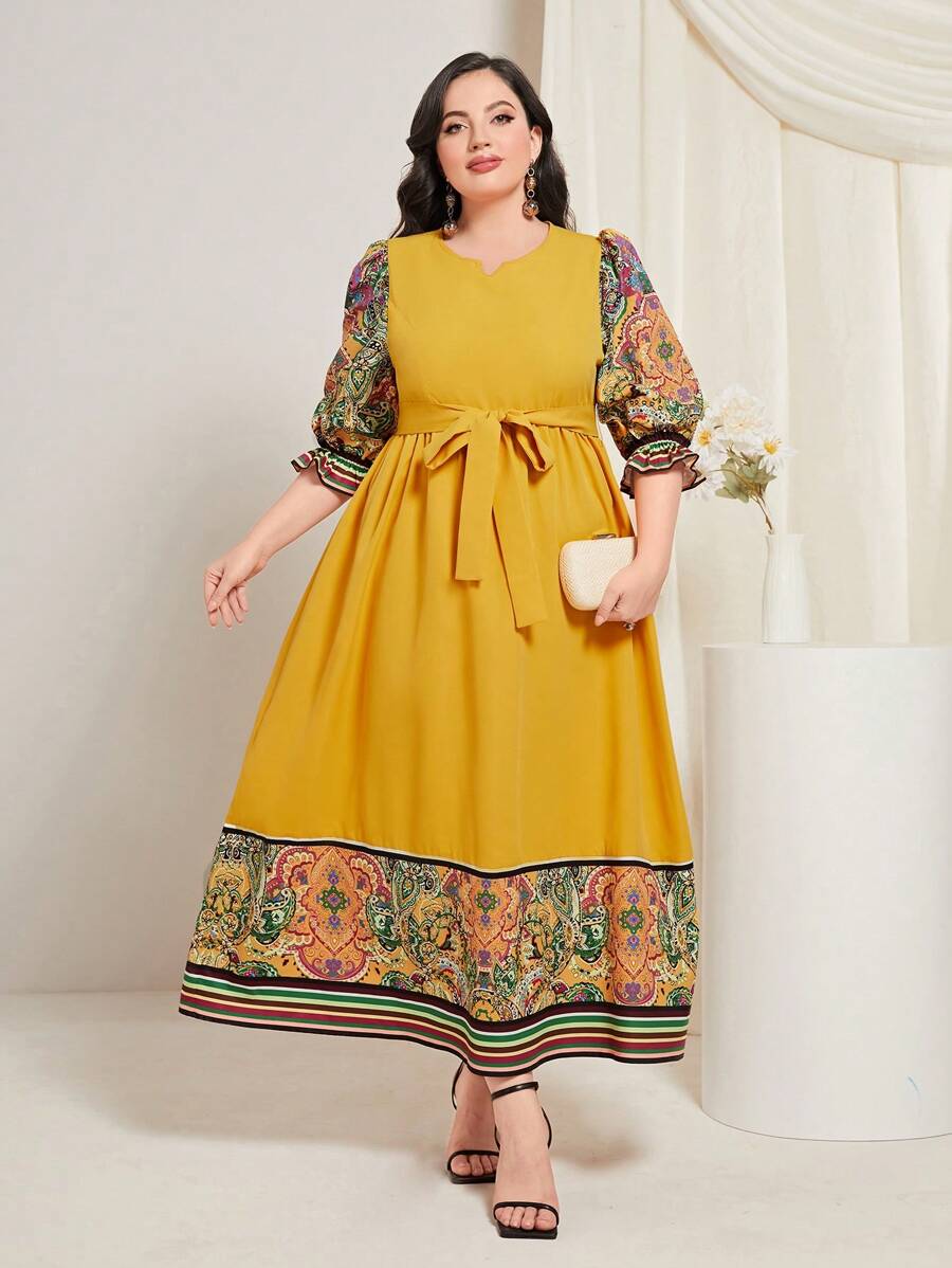 Mulvari Đầm Plus Size Thắt lưng Hoa Bộ lạc Boho - Màu Mù tạt vàng - Xem 1