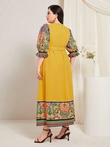 Mulvari Đầm Plus Size Thắt lưng Hoa Bộ lạc Boho - Màu Mù tạt vàng - Xem 2