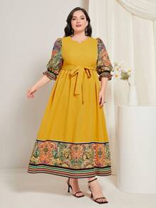 Mulvari Đầm Plus Size Thắt lưng Hoa Bộ lạc Boho - Màu Mù tạt vàng - Xem 3