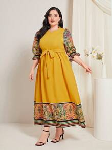 Mulvari Đầm Plus Size Thắt lưng Hoa Bộ lạc Boho - Màu Mù tạt vàng - Xem 4