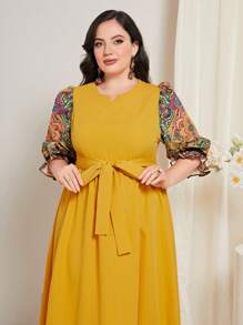 Mulvari Đầm Plus Size Thắt lưng Hoa Bộ lạc Boho - Màu Mù tạt vàng - Xem 5