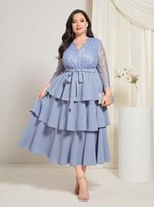 Modelyn Plus Contrast Lace Belted Layer Hem Dress - Dusty Blue - View 1