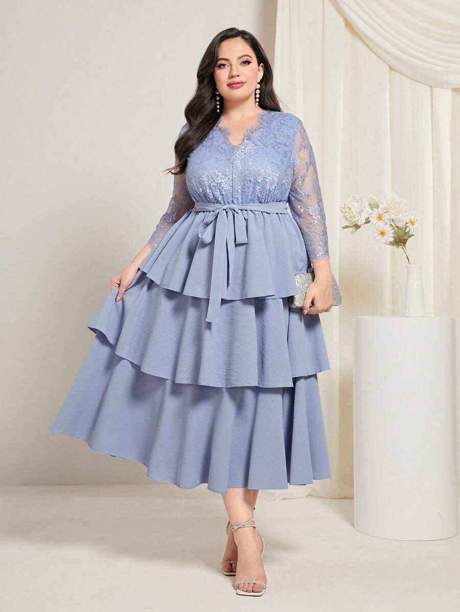 Modelyn Plus Contrast Lace Belted Layer Hem Dress - Dusty Blue - View 1