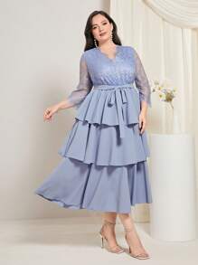 Modelyn Plus Contrast Lace Belted Layer Hem Dress - Dusty Blue - View 3