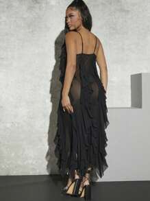 Hauture Allover Ruffle Sheer Mesh Cami Dress - Black - View 2