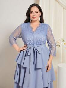 Modelyn Plus Contrast Lace Belted Layer Hem Dress - Dusty Blue - View 5