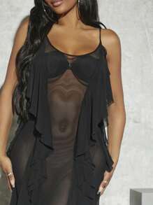 Hauture Allover Ruffle Sheer Mesh Cami Dress - Black - View 4