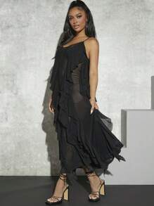 Hauture Allover Ruffle Sheer Mesh Cami Dress - Black - View 5