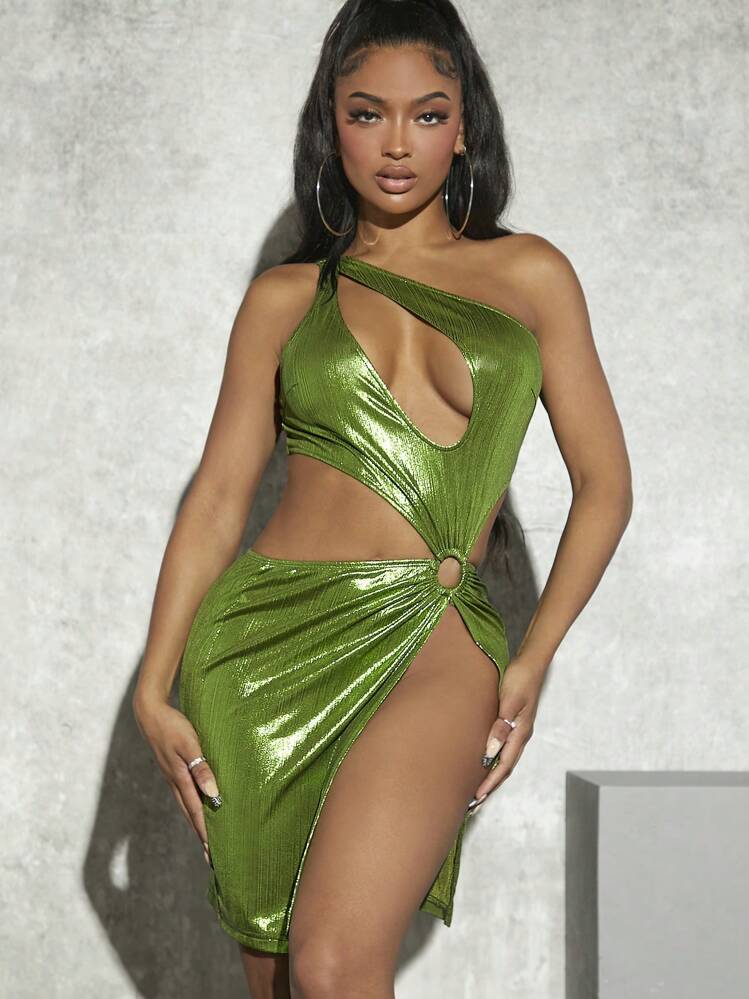 green metallic asymmetrical ring detail bodycon dress One Shoulder Cut Out Ring Detail Mini Dress In Green Knit | EGO US