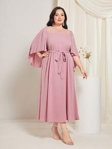 Modelyn 大碼亮片網紗肩部荷葉袖繫腰帶連衣裙 - 藕粉色 - 查看 4