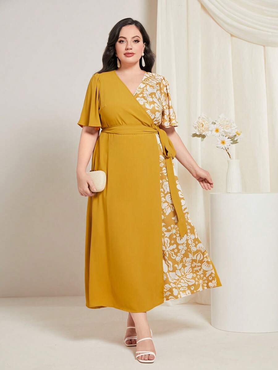 Mulvari Plus Floral Print Butterfly Sleeve Belted Dress - Yellow - View 1