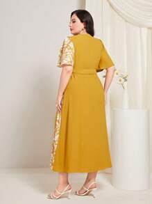 Mulvari Plus Floral Print Butterfly Sleeve Belted Dress - Yellow - View 2