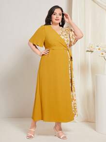 Mulvari Plus Floral Print Butterfly Sleeve Belted Dress - Yellow - View 3