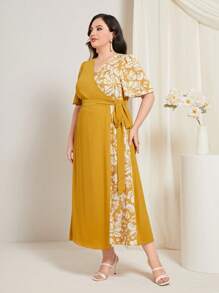 Mulvari Plus Floral Print Butterfly Sleeve Belted Dress - Yellow - View 4