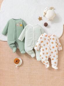 Baby 3pcs Striped & Cartoon Graphic Button Front Sleep Jumpsuit - Multicolor - View 1