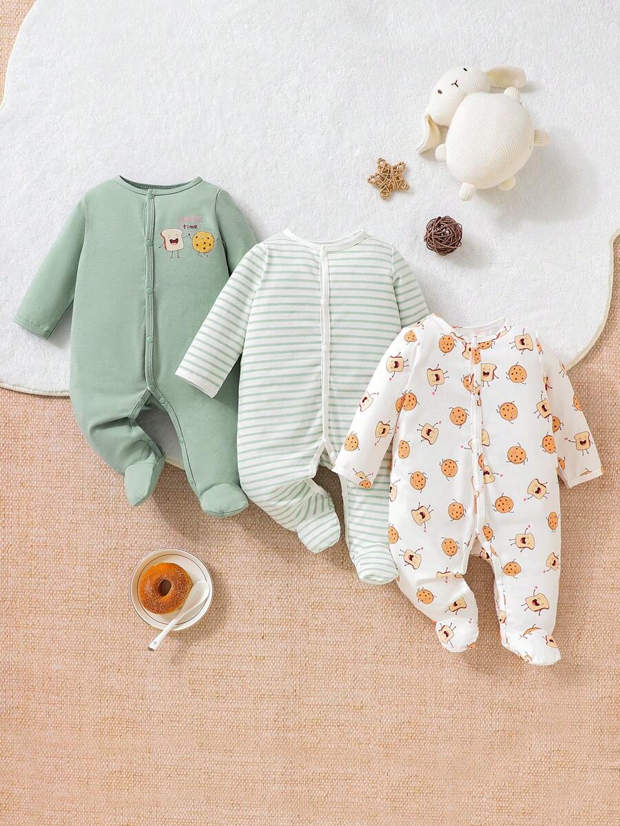Baby 3pcs Striped & Cartoon Graphic Button Front Sleep Jumpsuit - Multicolor - View 1
