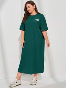 Mulvari Plus Slogan Graphic Patched Detail Drop Shoulder Tee Dress - Dark Green - View 1