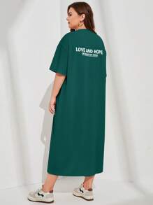 Mulvari Plus Slogan Graphic Patched Detail Drop Shoulder Tee Dress - Dark Green - View 2