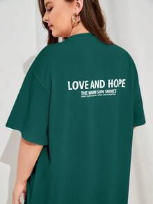 Mulvari Plus Slogan Graphic Patched Detail Drop Shoulder Tee Dress - Dark Green - View 4