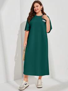 Mulvari Plus Slogan Graphic Patched Detail Drop Shoulder Tee Dress - Dark Green - View 5