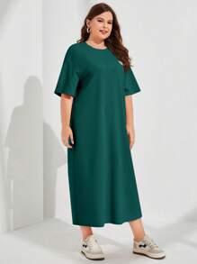 Mulvari Plus Slogan Graphic Patched Detail Drop Shoulder Tee Dress - Dark Green - View 6