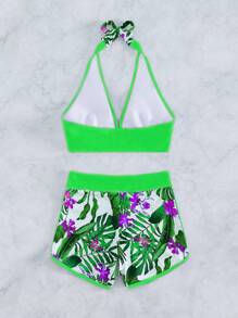 SHEIN Swim Summer Beach Tropical Print Halter Bikini - Green - View 3