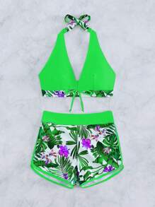 SHEIN Swim Summer Beach Tropical Print Halter Bikini - Green - View 5