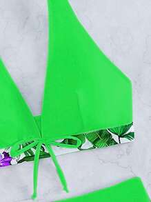 SHEIN Swim Summer Beach Tropical Print Halter Bikini - Green - View 6