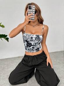 SHEIN EZwear Áo khoác và áo lót dành cho xe tăng nữ Con số Lá thư Giải trí - Đen và trắng - Xem 3