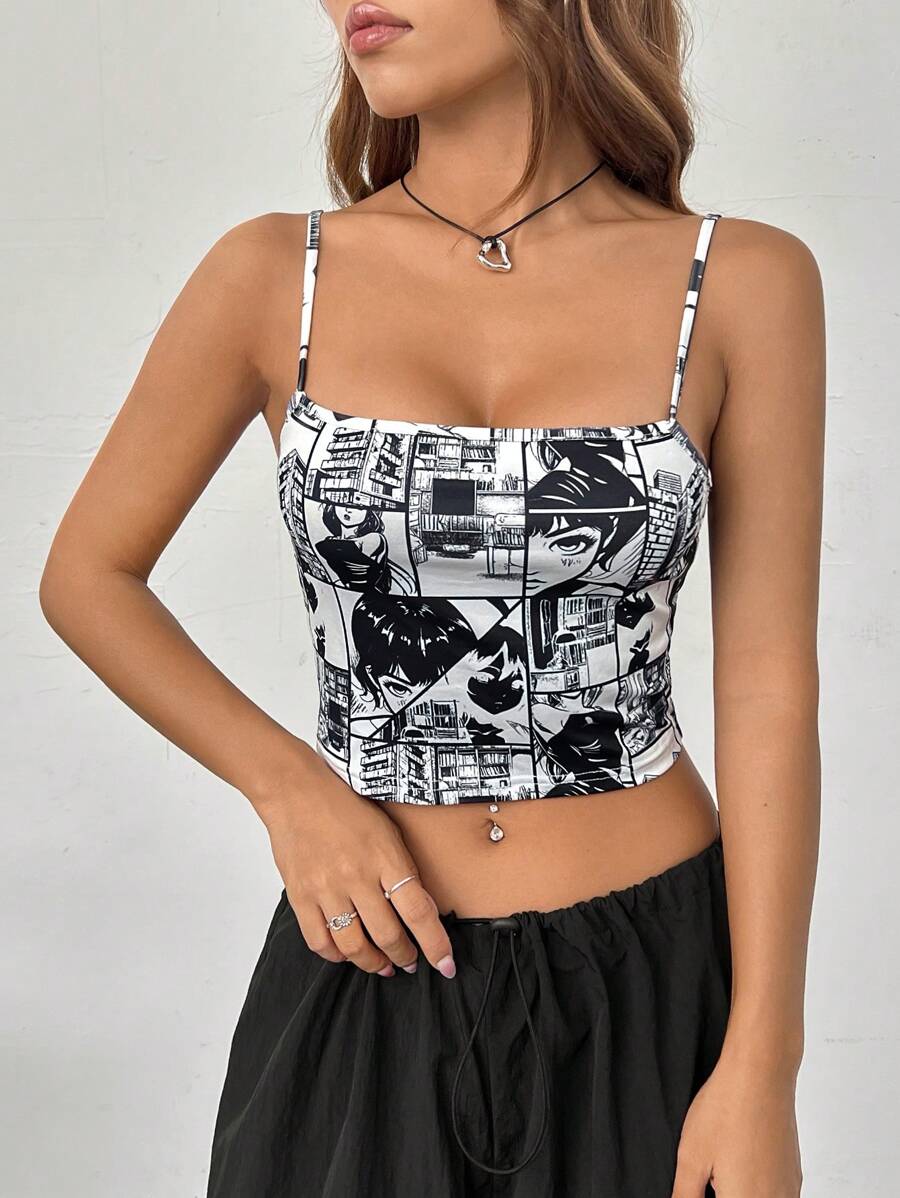 SHEIN EZwear Áo khoác và áo lót dành cho xe tăng nữ Con số Lá thư Giải trí - Đen và trắng - Xem 1