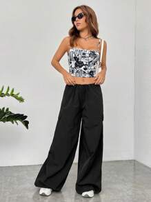 SHEIN EZwear Áo khoác và áo lót dành cho xe tăng nữ Con số Lá thư Giải trí - Đen và trắng - Xem 5